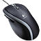 Black Logitech mouse with gray accents, scroll wheel, logo and cable.