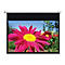 Écran de projection affichant une image vibrante d'une fleur rose sur fond de ciel bleu. Un support blanc et rectangulaire est en haut.