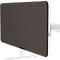 Séparateur de bureau rectangulaire marron avec cadre blanc. Il repose sur une base blanche et est fixé à un plateau de table blanc.