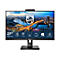 Ein schwarzer Philips-Monitor mit einem 27-Zoll-Bildschirm, integrierter Webcam und einem Stadtpanorama im Hintergrund.