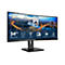 Ein gekrümmter Philips Monitor mit einem Stadtbild. Merkmale: 34 Zoll, 21:9, WQHD, MultiView, Adaptive-Sync, PowerSensor.