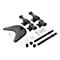 Support de moniteur noir avec composants, comprenant vis, outils et instructions.