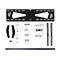 Support mural TV noir avec accessoires sur fond blanc. Instructions et vis Ã©galement visibles.