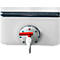 Close-up of a white tank with a red faucet. The faucet is open.