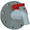 Grey plastic plate with round valve and red lever.