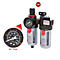 Ein Luftfilter und -regler mit Manometer, rotierenden Reglern und dem Text "1/4" in Rot.