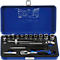 Blue toolbox, open. Contains various tools, such as wrenches and sockets. On the lid there is the lettering: PROJAHN.