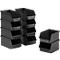 Multiple black storage bins, stacked and arranged.