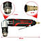 Winkelschleifer mit roten und schwarzen Details, KS TOOLS Logo. Details: Bohrfutter, Kupplung. Abmessungen: 205 mm.