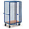 Blue mesh cart with open wooden floor, casters and handle, against a white background.