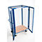 Blue transport cart with wire mesh sides and wooden floor, doors open.