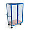 Blue transport cart with mesh sides, wooden floor and wheels. The cart has a handle and two doors.