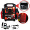 Starthilfegerät mit Batterie und Zubehör. Das Gerät hat eine rote und schwarze Farbgebung mit Schriftzügen wie "Ultimate Boost" und "12V/24V".
