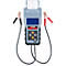 Batterietester mit Klemmen und Drucker. Graues Gerät mit schwarzem und rotem Kabel. Aufgedruckte Testergebnisse.