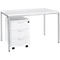 Witte bureau met metalen poten en roterende container met drie lades.