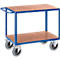 Blauwe transportkar met houten platen en vier wielen.