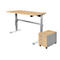 Height-adjustable desk with wooden top and mobile pedestal. Both against white background.