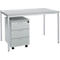 Grey office desk with three drawers and wheels. The desk has a metal frame and a light-colored tabletop.
