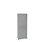 Gray cabinet with slatted doors against a white background. The cabinet is tall and narrow.