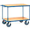 Blue-grey transport cart with wooden shelves. Two levels, four wheels. Handle on top.