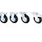 Close-up of four metallic castors, each with a black tire, against a white background.