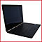 Schwarzes Laptop, leicht geöffnet. Tastatur, Touchpad und Display sind zu sehen. Auf weißem Hintergrund.