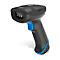 Schwarzer Barcodescanner mit blauem Knopf und blauer Linie am Griff.