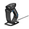 Schwarzer Barcode-Scanner in Halterung. Mit blauem Akzent, Stecker-Kabel.