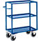 Blue serving cart with three shelves and wheels.