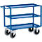 Blue cart with three levels and four wheels. The handle is curved.
