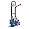 Blue stair climber with red handles and grey wheels, against a white background.