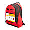 Roter und schwarzer 3M Protecta Rucksack für Absturzsicherung mit aufgedrucktem Produktinformationsblatt.