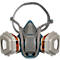Grijs ademhalingsmasker met filters en hoofdband. Op de filters staat de inscriptie 3M.