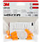 Orange Ohrenstöpsel und Zubehör in transparenter Plastikverpackung mit roter und weißer Produktbeschriftung. Aufschrift: 3M Earplugs.