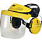 Casque de protection facial jaune avec visière transparente et protection auditive. Le logo 3M est visible.