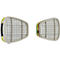 Twee filterpatronen, lichtgrijs met witte filters, liggen naast elkaar. Een heeft gele en groene accenten en het logo.