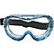 Lunettes de sécurité avec des accents bleus, une bande élastique noire et des lentilles transparentes, conçues pour protéger les yeux.