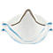 Masque de protection blanc avec élastique bleu et pont de nez marron, vue de dessus.