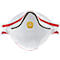 Vue intérieure d'un masque respiratoire blanc avec un élastique rouge et une valve jaune au centre.