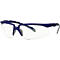 Blaue Schutzbrille mit transparenten Gläsern. Die Bügel sind blau, die Gläser klar, und kleine graue Akzente sind zu sehen.