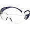 Transparente Schutzbrille mit blauem Bügel. Auf einem weißen Hintergrund abgebildet.