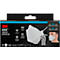 Witte 3M Aura ademhalingsmasker, productverpakking met diagrammen en een persoon die het masker draagt.