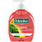 Rode Palmolive Hygiene-plus vloeibare zeep met witte pompfles tegen een witte achtergrond.