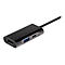 Schwarzer USB-C-Adapter mit HDMI- und USB-Anschlüssen; ein schwarzes Kabel führt weg.