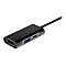 Ein schwarzer USB-C-Hub mit HDMI-, USB- und USB-C-Anschlüssen; ein Kabel führt ab.