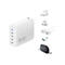 Weißes 200W GaN-Ladegerät mit vier USB-C-Ports und Zubehör wie Steckeradapter und einer Aufbewahrungstasche.