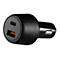 Schwarzes Auto-Ladegerät mit USB-C und USB-A Anschlüssen vor weißem Hintergrund.