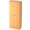 A tall cabinet made of light wood, with two doors and a small silver door handle in the middle.