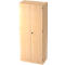 Tall wooden cabinet with two doors and a silver lock. The grain of the wood is clearly visible.