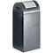 Gray rectangular trash can with rounded top, white opening at the top, handle and green button.